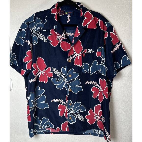 Roundy Bay Men’s Blue Colorful Floral Hawaiian BUTTON UP SHIRT Size Large - Picture 1 of 4